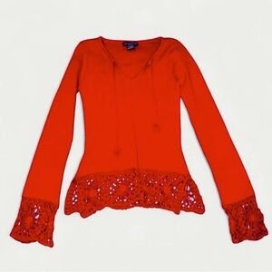 Elegant Red ribbed chrochet detailed Women's sweater